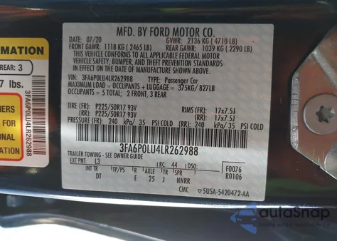 2020 Ford Fusion Hybrid Se from USA, damaged, VIN 3FA6P0LU4LR262988